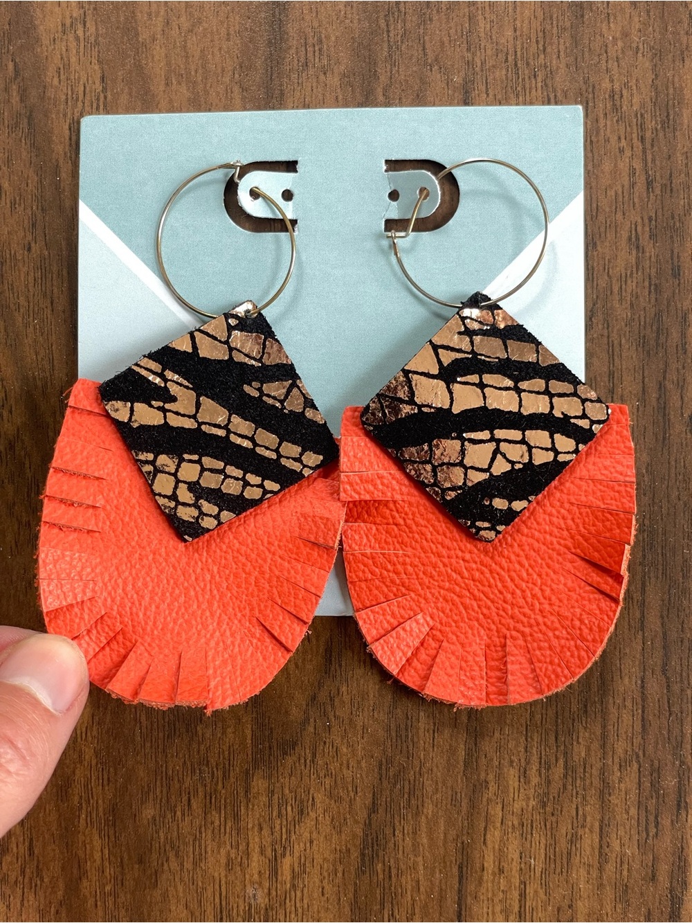 Handcrafted Coral Fringe Leather Drop Earrings with Metallic Black Accent